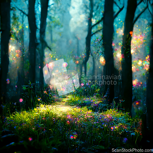 Image of Beautiful sunny summer morning in magic forest. Forest in the mo