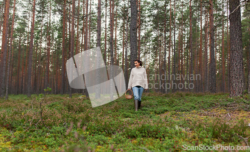 Image of woman with basket picking mushrooms in forest