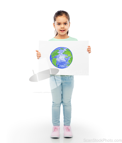 Image of smiling girl holding drawing of earth planet