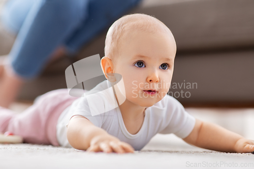 Image of little baby girl crawling on floor at home