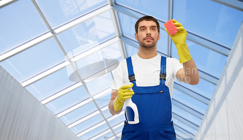 Image of male cleaner cleaning with sponge and detergent