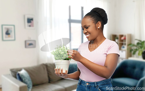 Image of happy smiling african woman holding flower in pot