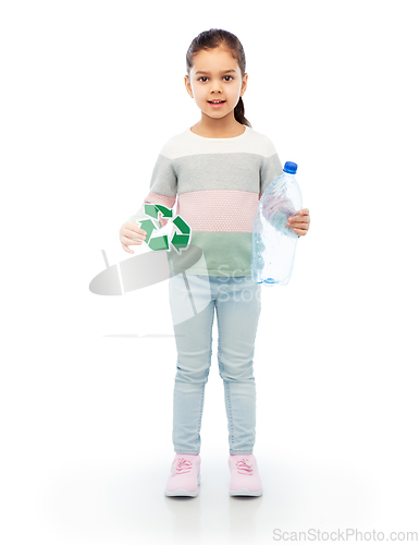 Image of girl with green recycling sign and plastic bottle