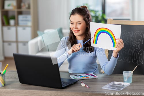 Image of teacher with laptop having online class at home