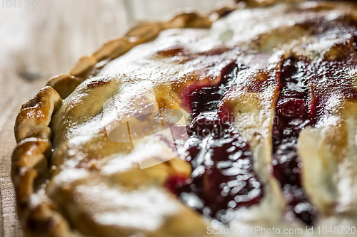 Image of Berry pie with blueberries close-up on a plate on the table. horizontal