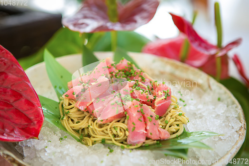 Image of Cold pasta with tuna on ice