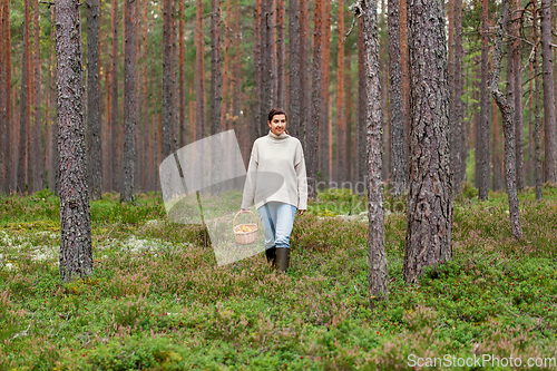 Image of woman with basket picking mushrooms in forest