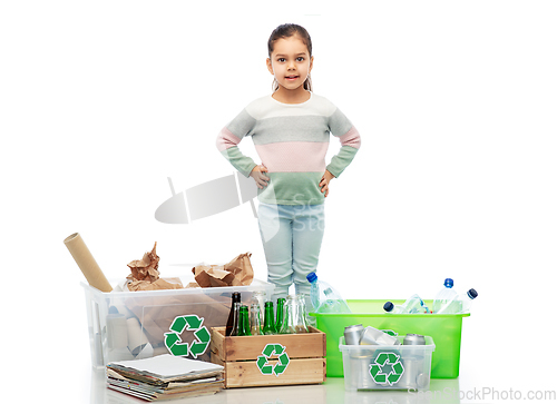 Image of happy girl sorting paper, metal and plastic waste