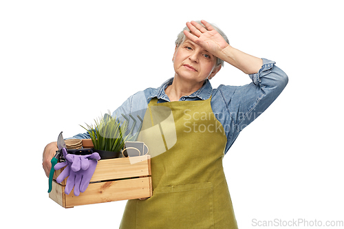 Image of tired senior woman with garden tools in box