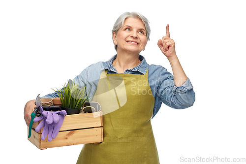 Image of smiling senior woman with garden tools in box