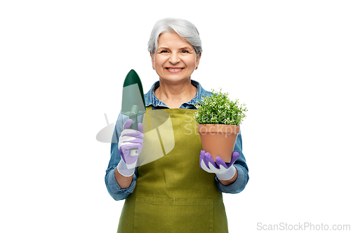 Image of old woman in garden apron with flower and trowel