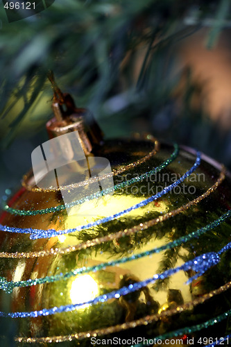 Image of Christmas ornaments on tree.