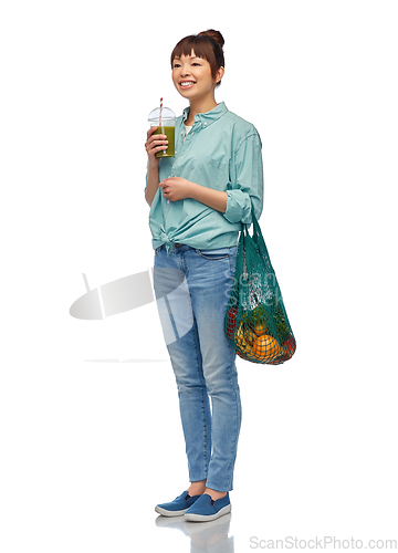 Image of asian woman with drink and food in reusable bag