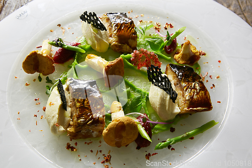 Image of Grilled Foods. Grilled Fish with chanterelles with greens.