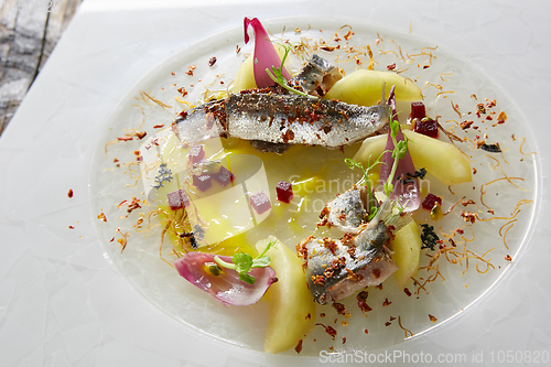 Image of Salted Fish with Boiled Potato and Pickled Onions