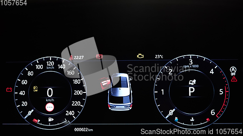 Image of Modern car illuminated dashboard closeup