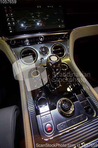 Image of Design details of minimalist concept of modern car - close-up details of automatic transmission and gear stick