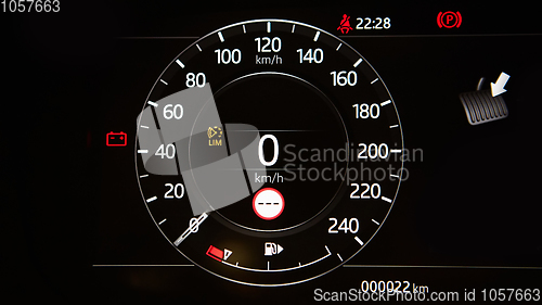 Image of Modern car speedometer. Close up shot of the dashboard a car.