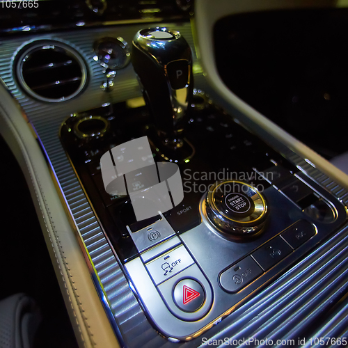 Image of Design details of minimalist concept of modern car - close-up details of automatic transmission and gear stick