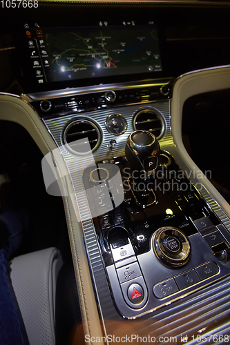 Image of Design details of minimalist concept of modern car - close-up details of automatic transmission and gear stick