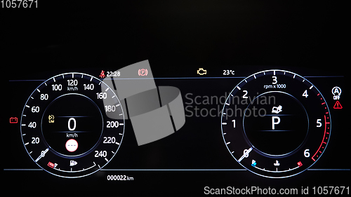 Image of Modern car illuminated dashboard closeup