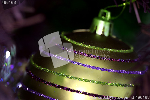 Image of Christmas ornaments on tree.