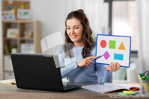 Image of teacher showing shapes in online class at home