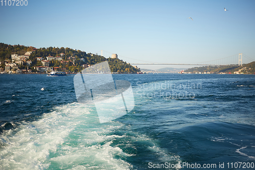 Image of Trail on water surface behind of fast moving motor boat