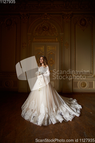 Image of Beautiful bride in luxury baroque interior. Full-length portrait