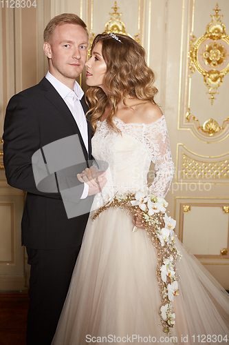 Image of Wedding couple indoors is hugging each other. Beautiful model girl in white dress. Man in suit. Beauty bride with groom. Female and male portrait. Woman with lace veil. Cute lady and handsome guy