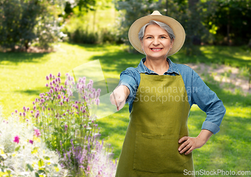 Image of portrait of smiling senior woman in garden apron