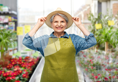 Image of portrait of smiling senior woman in garden apron