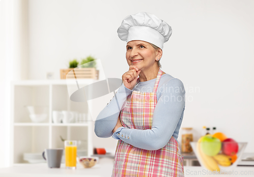 Image of smiling senior woman in toque and apron at home