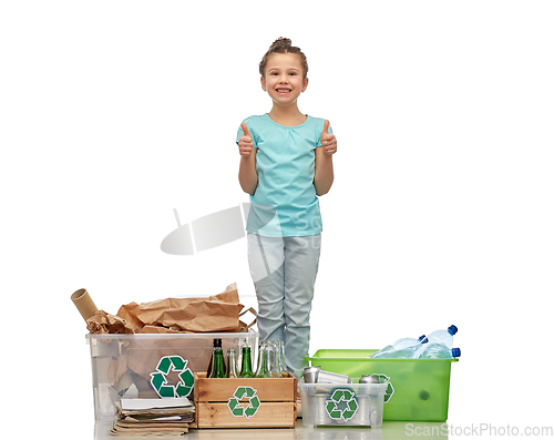 Image of happy girl sorting paper, metal and plastic waste