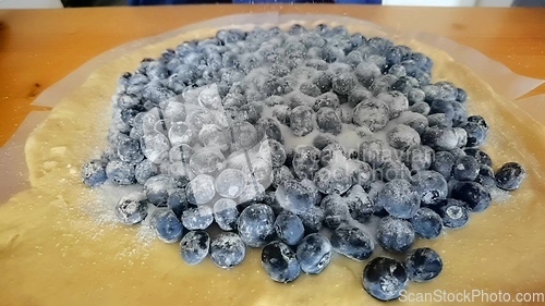 Image of Blueberries sprinkled with powdered sugar. The process of cooking dessert. Cooking cake with berries. Sugar powder in slow motion falling on dessert.