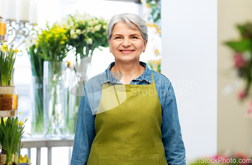 Image of portrait of smiling senior woman in garden apron