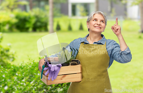 Image of smiling senior woman with garden tools in box