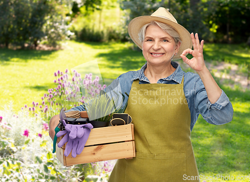 Image of old woman with garden tools in box showing ok