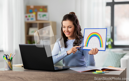 Image of teacher with laptop having online class at home