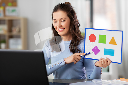 Image of teacher showing shapes in online class at home