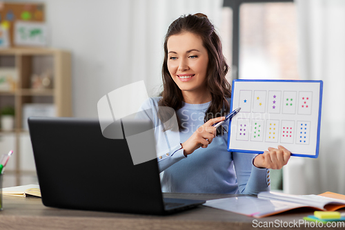 Image of math teacher having online class on laptop at home