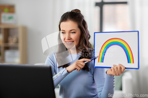 Image of teacher with laptop having online class at home