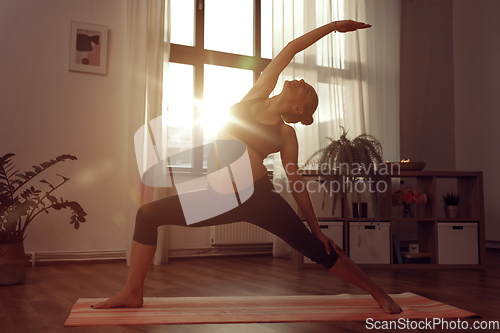 Image of pregnant woman doing yoga at home over sunshine