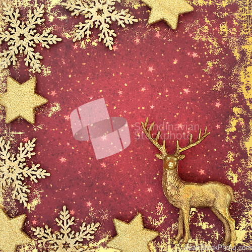 Image of Festive Christmas Background with Tree Decorations on Grunge Red