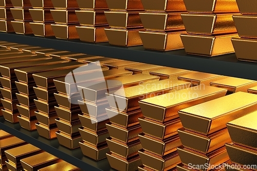 Image of Gold bars stacked on shelves