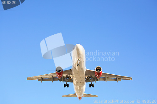 Image of airplane overhead against blue sky