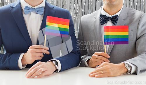 Image of close up of male gay couple holding rainbow flags