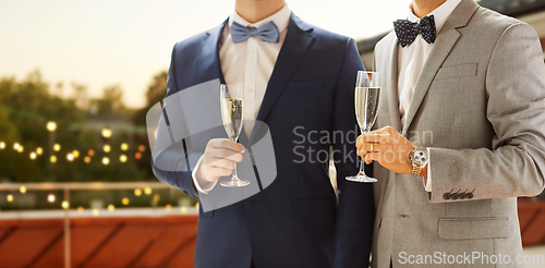 Image of close up of male gay couple with champagne