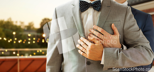 Image of close up of male gay couple with wedding rings on