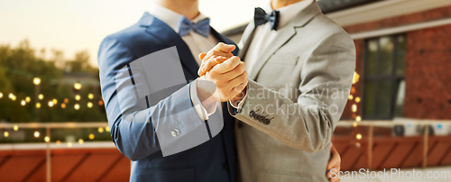 Image of close up of happy male gay couple dancing at party
